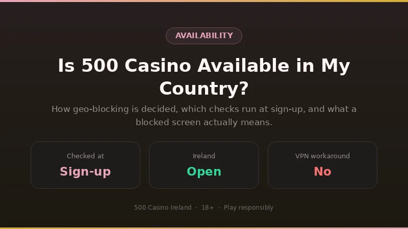 500 Casino country availability: geo check at sign-up, Ireland served, VPN workaround not viable