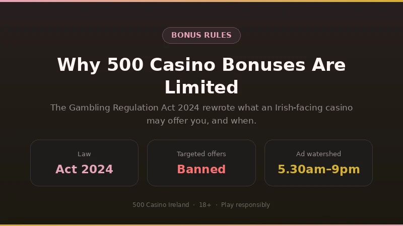 Why 500 Casino bonuses are limited in Ireland: Gambling Regulation Act 2024, targeted offers banned, 5.30am to 9pm advertising watershed